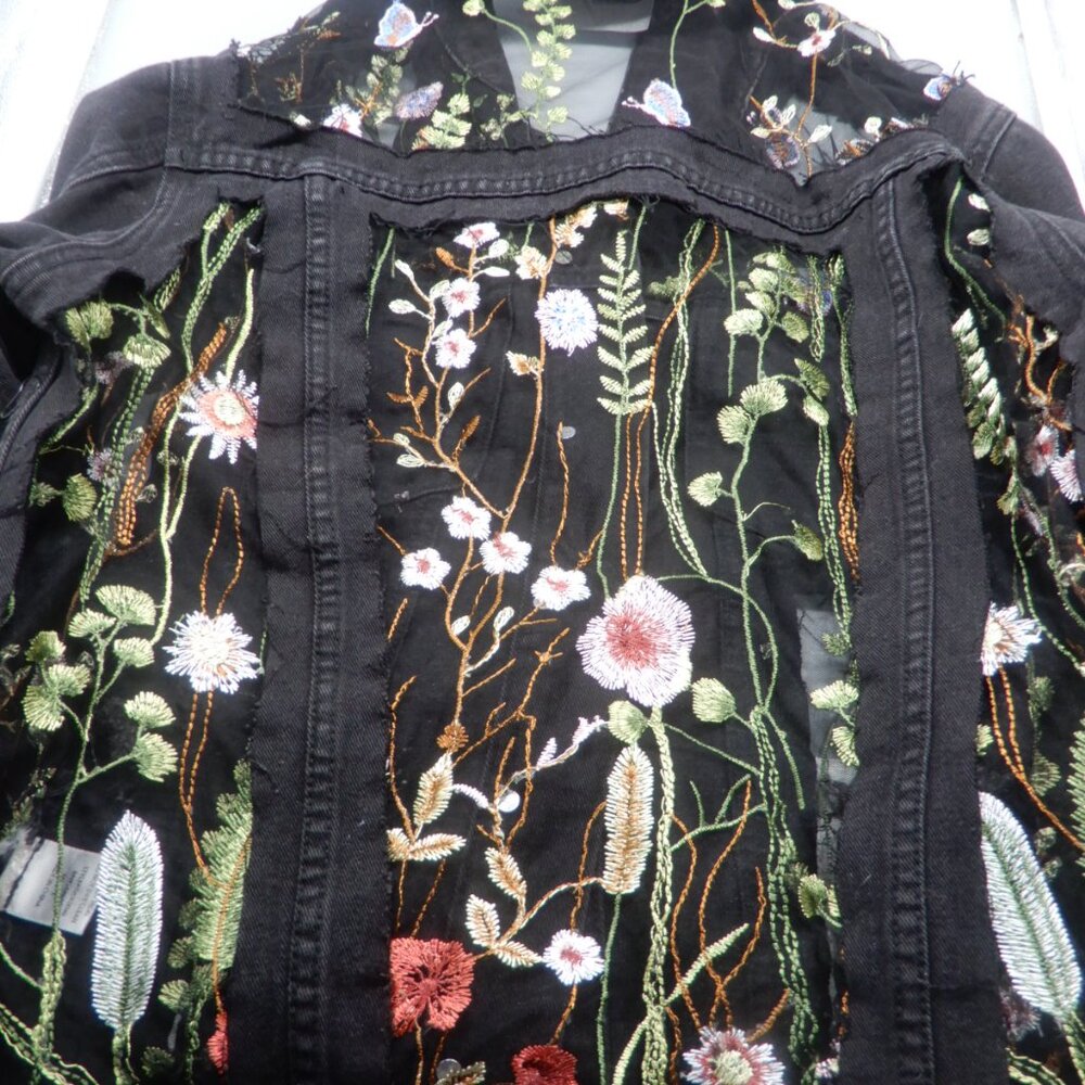 O&O Black Denim Jacket Sheer Floral Embroidered Mesh Boho - stunning - size L
